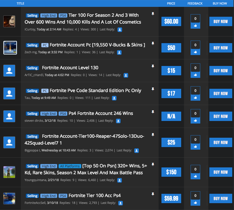 Fortnite accounts selling on the site PlayerUp.com.